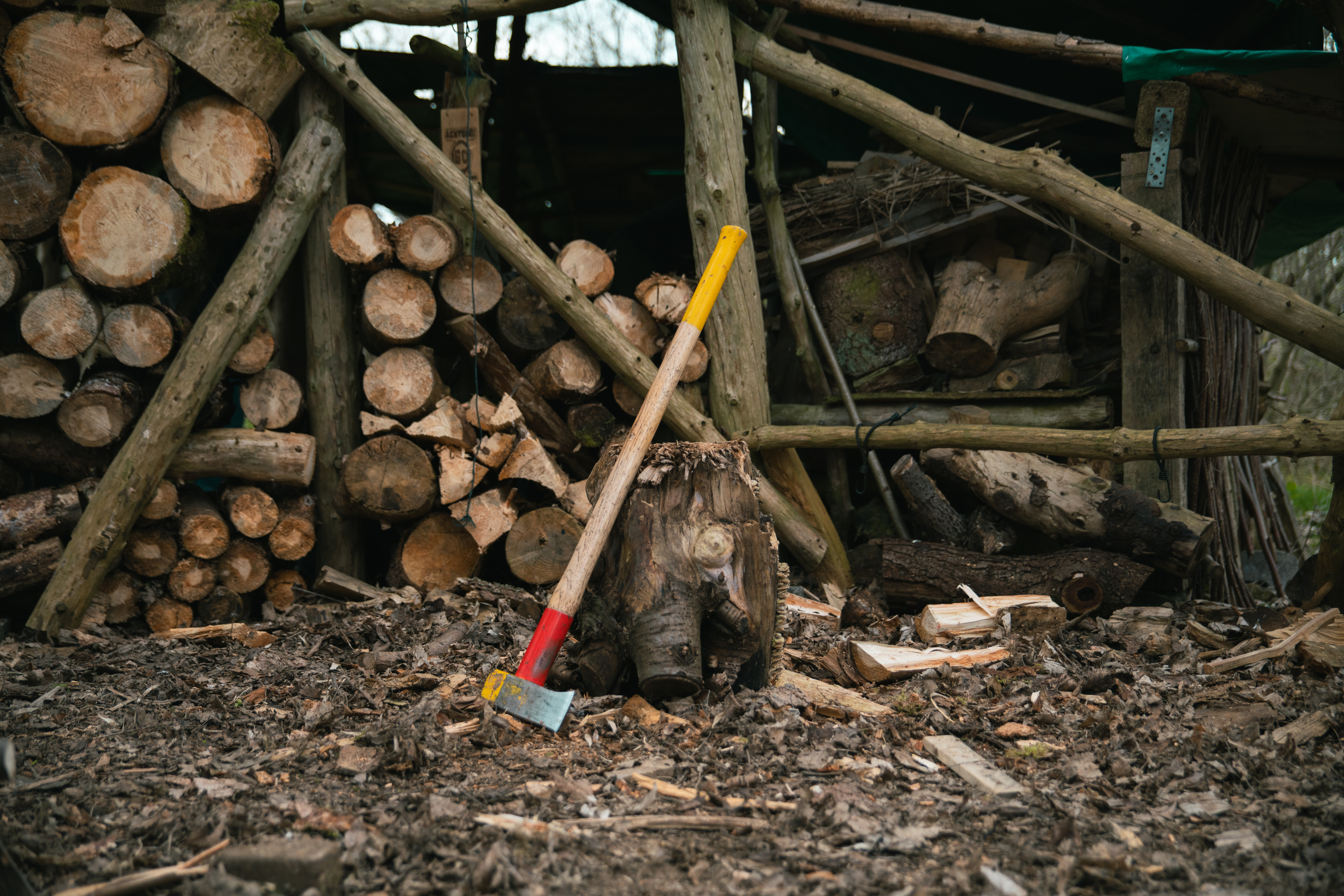 Ein Axt lehnt an einem Holzhaufen im Wald.