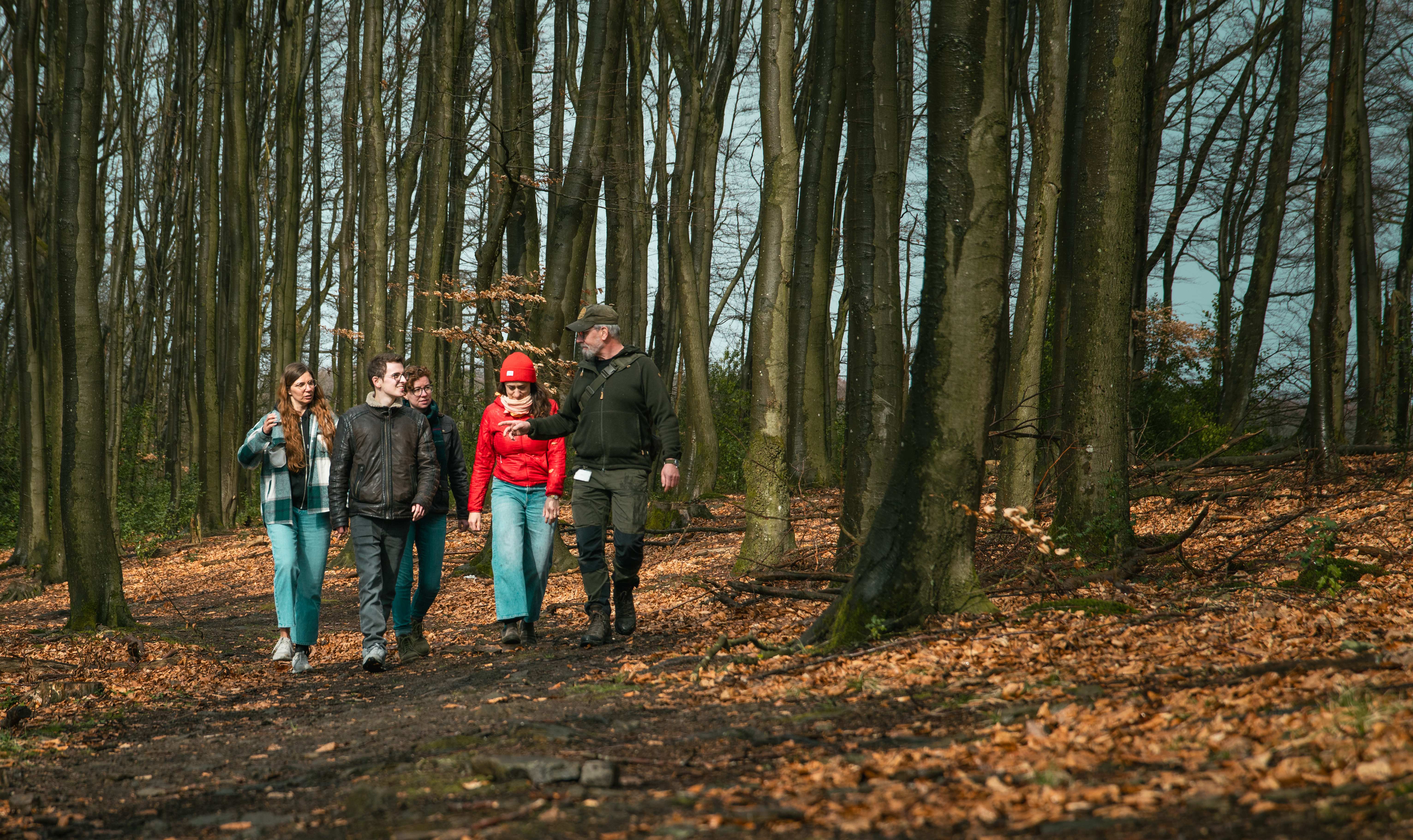 Der Wildnispädagoge führt eine Gruppe in den Wald.