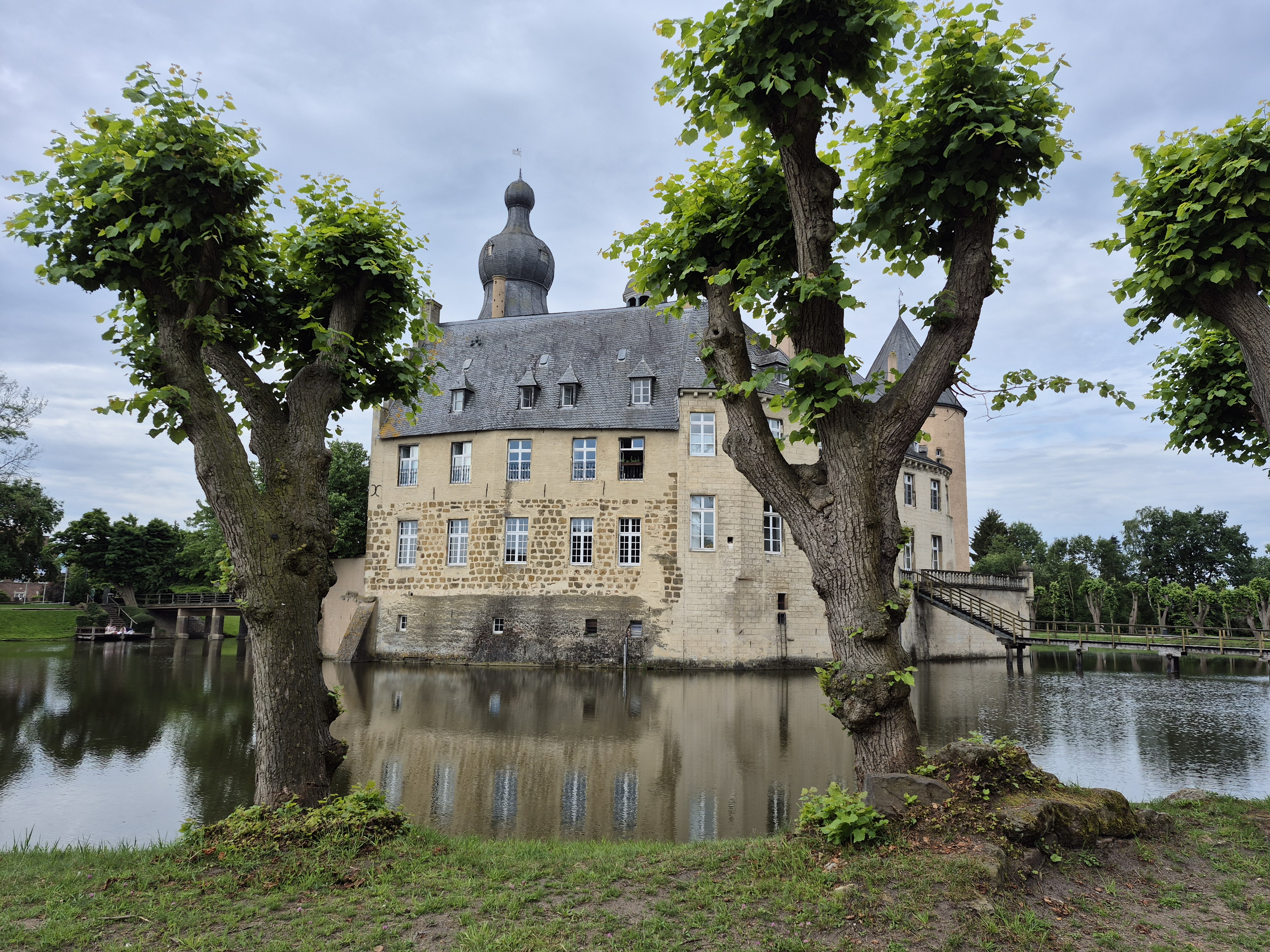 Burg Gemen mit Wassergraben und Bäumen am Ufer
