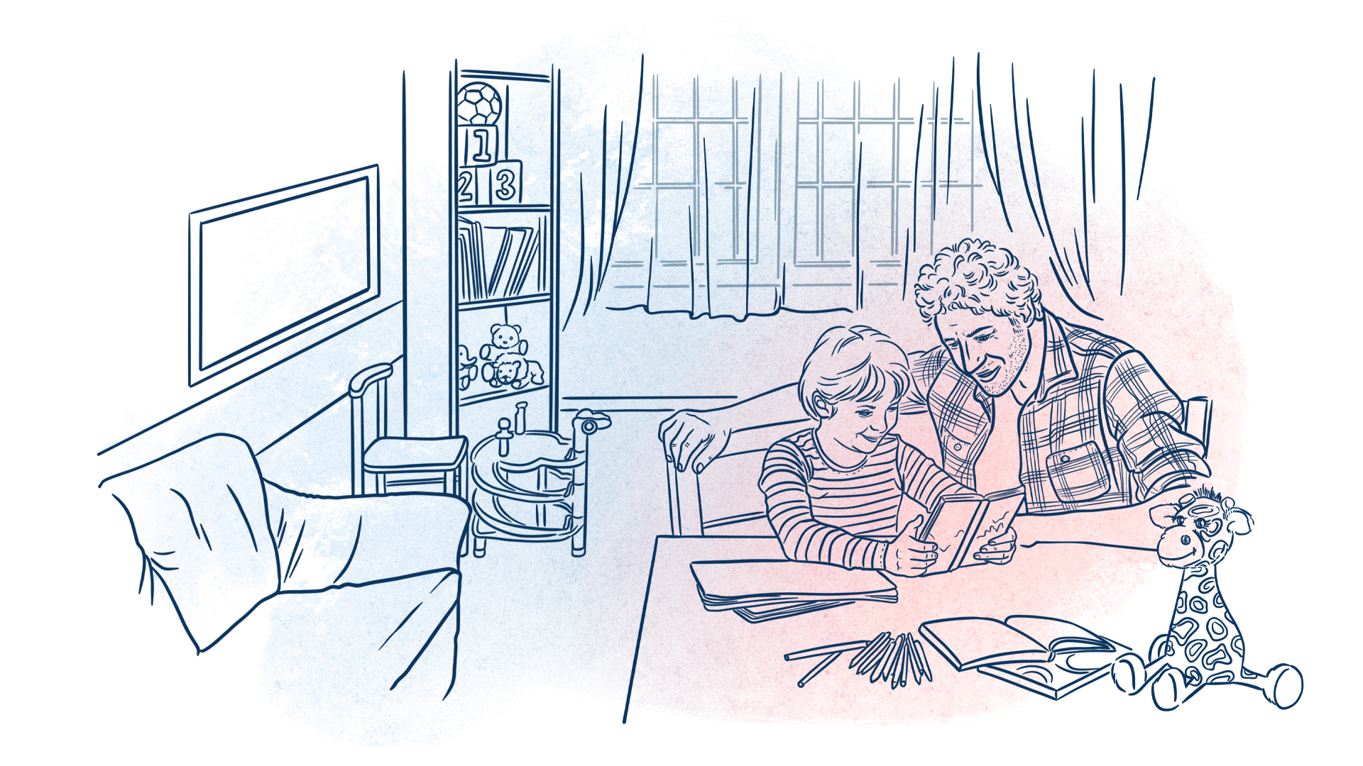 Ein Junge sitzt mit seinem Vater am Tisch und sie lesen ein Buch. Im Raum steht ein Sofa. Es gibt ein Regal mit unterschiedlichen Spielsachen. Ein Junge sitzt mit seinem Vater am Tisch und sie lesen ein Buch. Im Raum steht ein Sofa. Es gibt ein Regal mit unterschiedlichen Spielsachen.