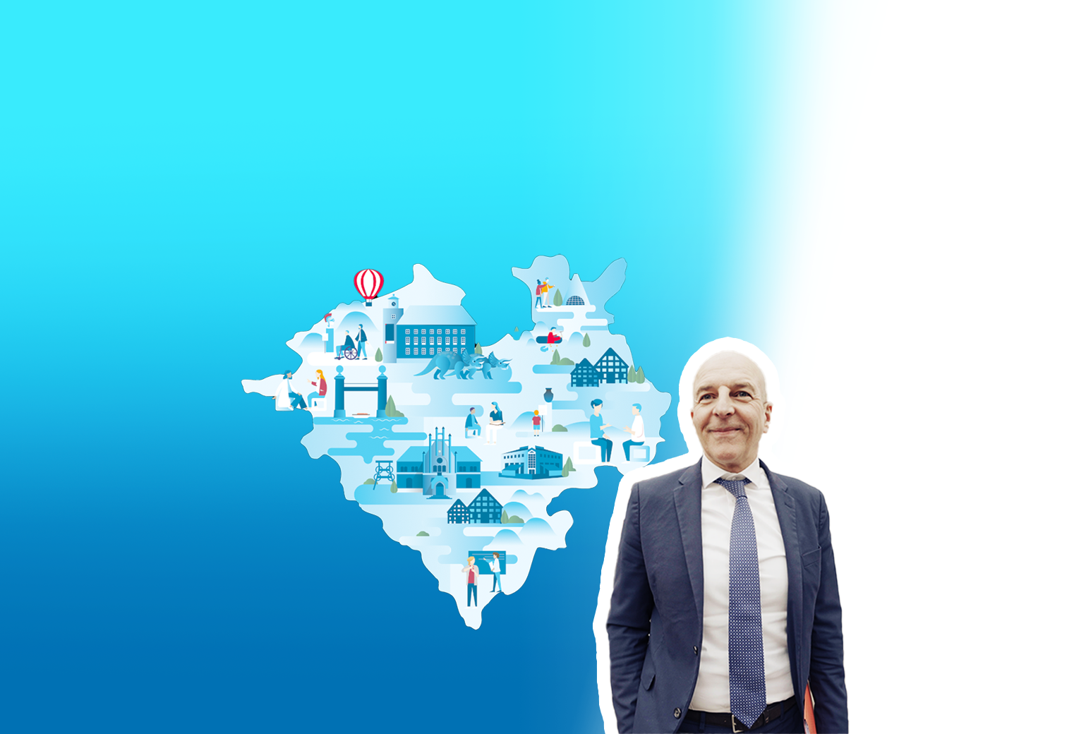 Collage Westfalenkarte mit Museen und Gesprächssituationen, der LWL-Direkter Dr. Georg Lunemann