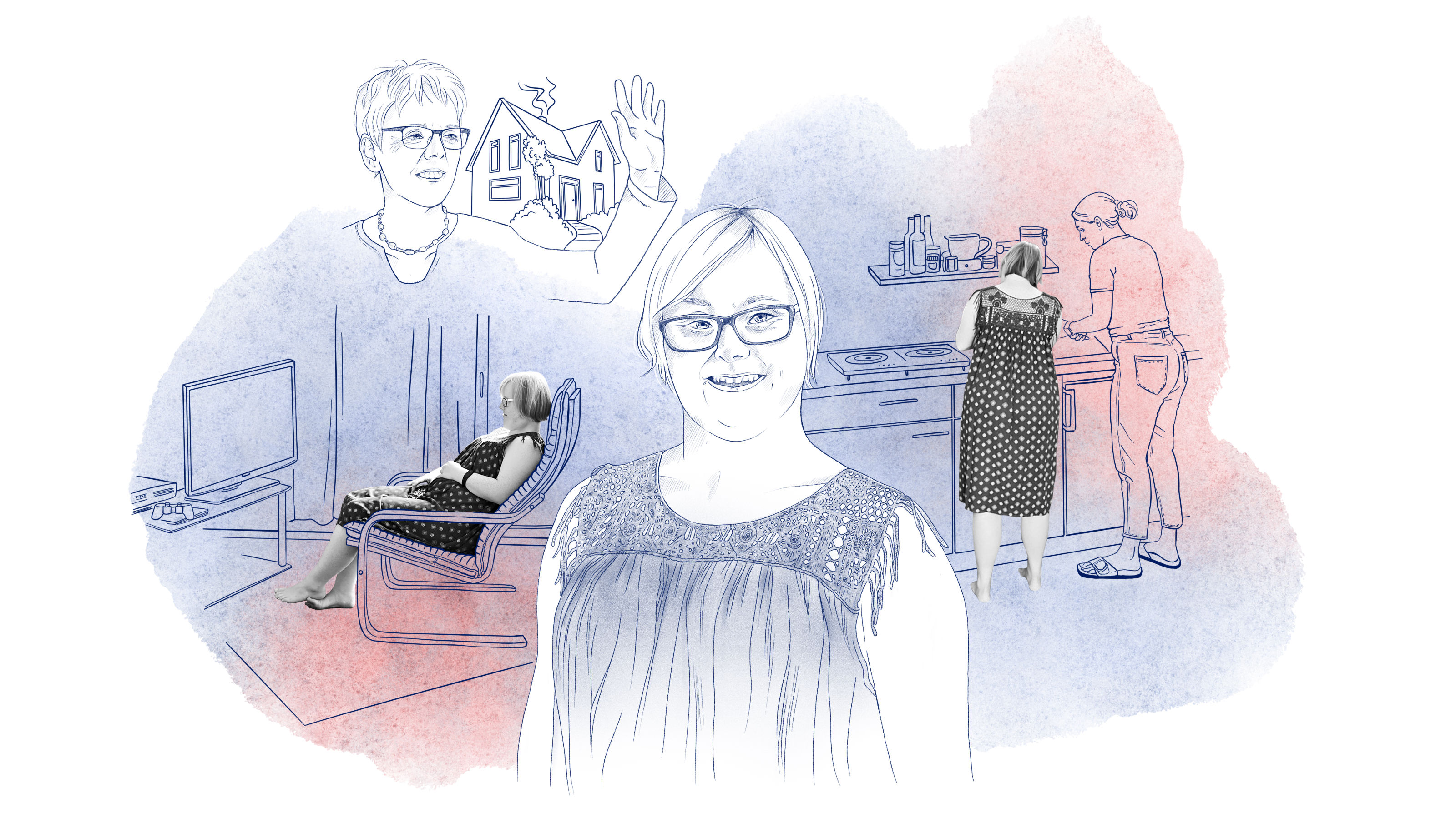 Illustration von Hannah van Eck, ihrer Mutter Karin und der Bezugsbetreuerin in Hannahs Apartment.