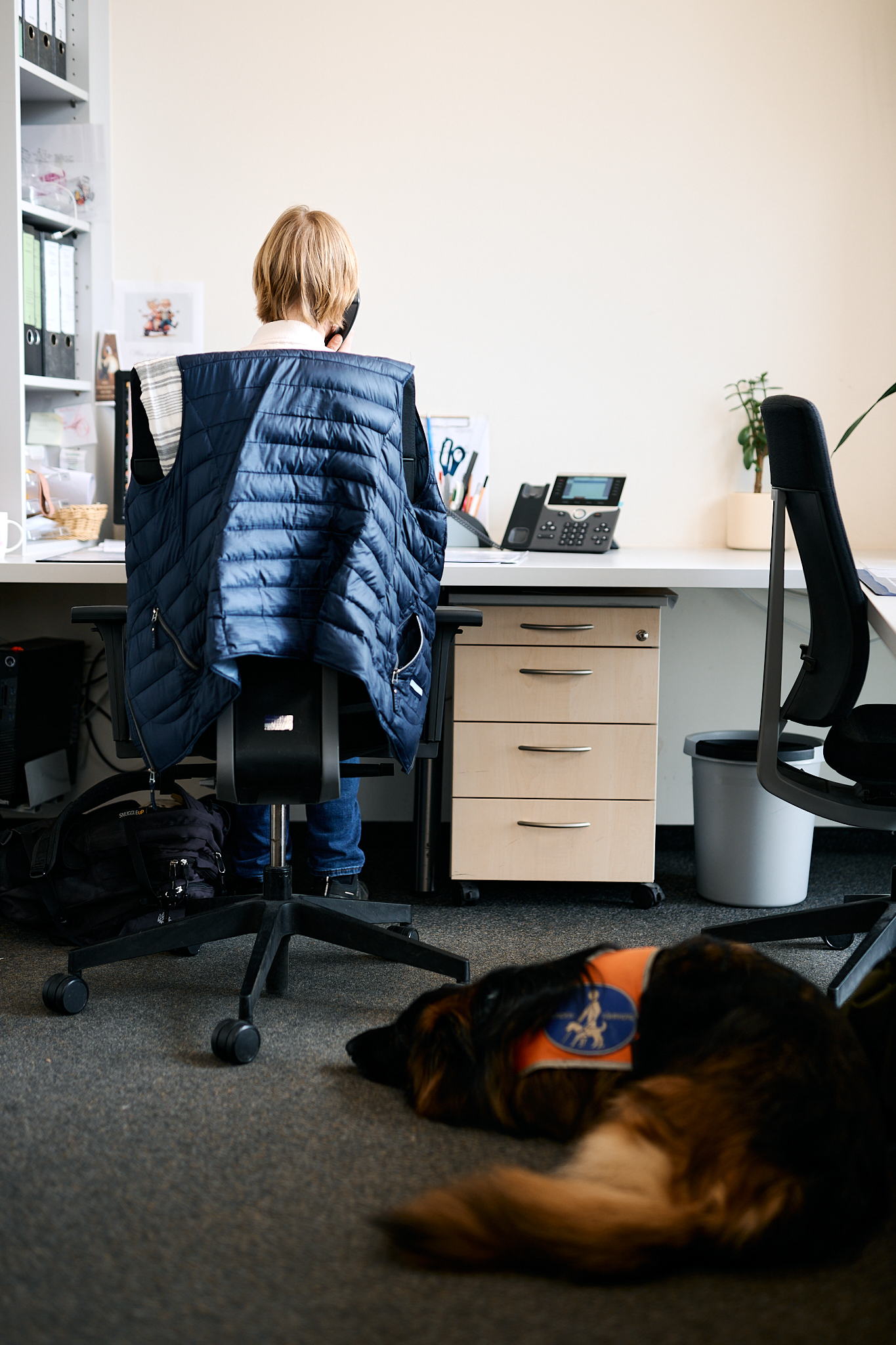 Sabrina Führer sitzt auf Schreibtischstuhl und telefoniert, auf dem Teppichboden hinter ihr liegt Schäferhündin Reyka mit Assistenzhund-Binde.