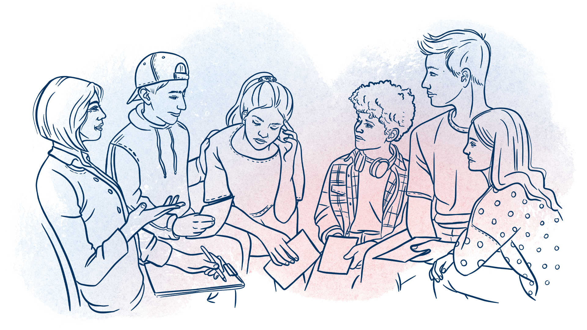 Illustration einer Gruppe aus fünf jungen Menschen und einer Therapeutin in einem Halbkreis