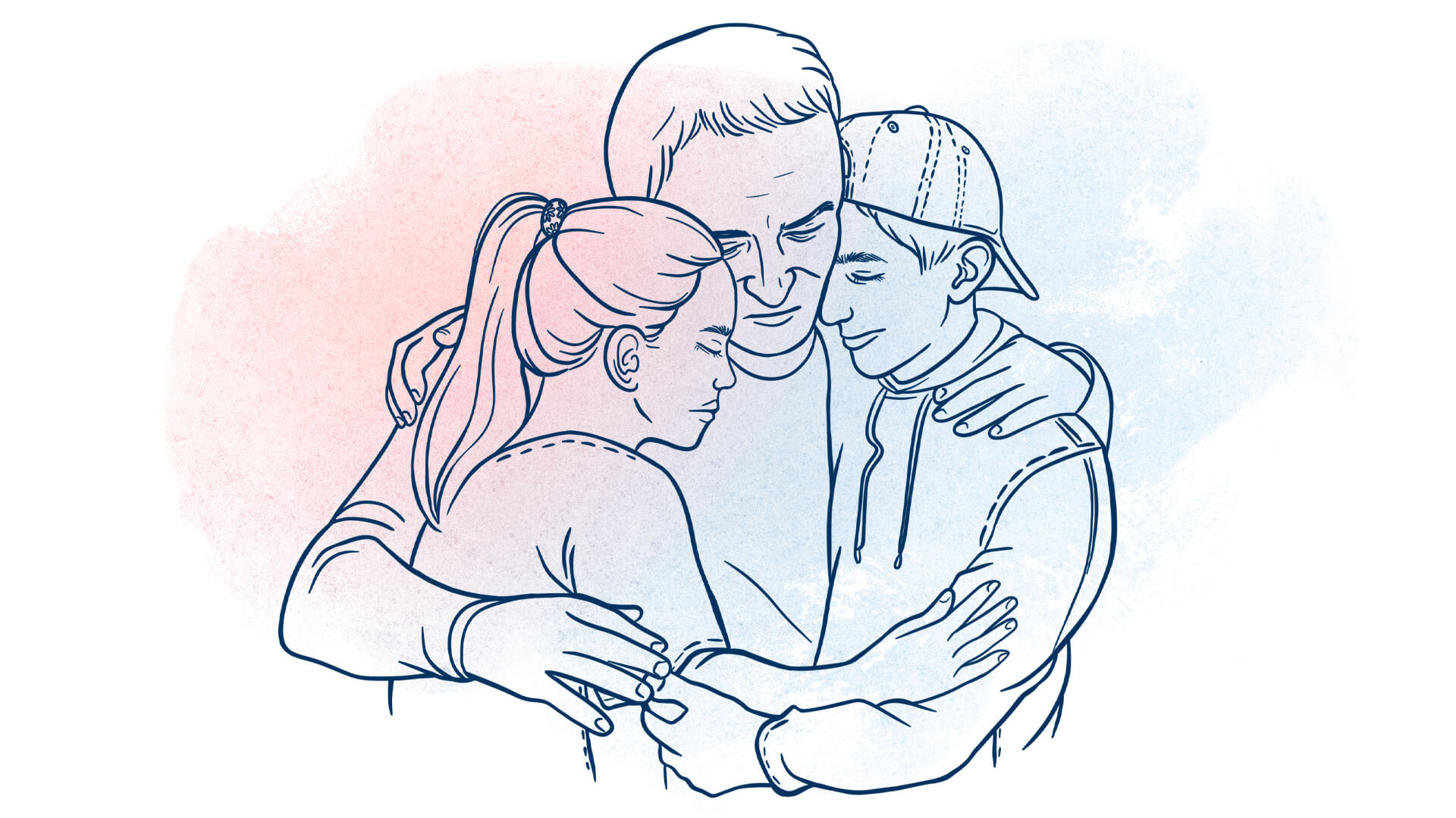 Illustration von einem Mädchen, einem Jungen und ihrem Vater, die sich umarmen