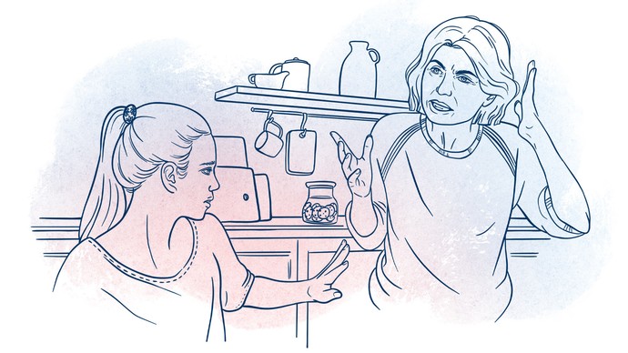 Illustration, in der eine Mutter und ihre Tochter in der Küche streiten. Die Mutter gestikuliert aufgebracht.
