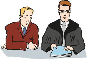 Zwei Männer am Tisch mit Akten in der Hand, einer ist als Anwalt erkennbar