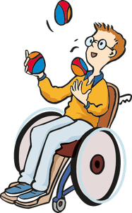 Junge im Rollstuhl jongliert drei Bälle
