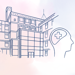 stilisiertes Klinikgebäude und Kopf mit Plus/Gesundheits-Kreuz