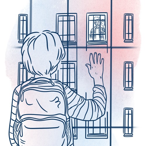 Illustration: Ein Kind steht vor einem Gitterzaun und winkt seinem Vater zu, der hinter einem vergitterten Fenster steht und zurückwinkt.