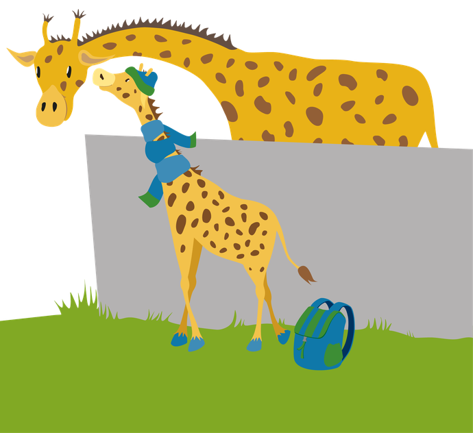 Illustration einer großen und einer kleinen Giraffe. Sie sind durch eine Mauer getrennt.