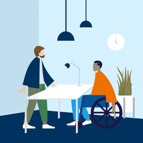 An illustration showing two people. One of them is sitting in a wheelchair.