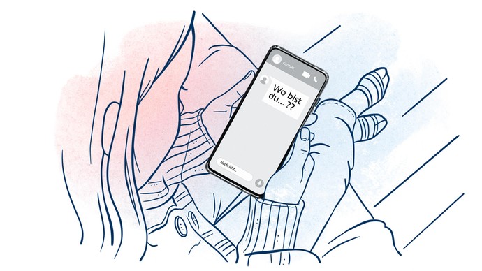 Illustration: Eine junge Frau schaut aufs Smartphone. Auf dem Display steht eine Nachricht: "Wo bist du.. ?"