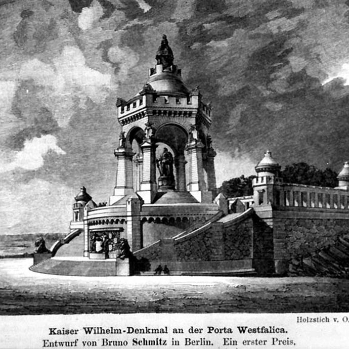 Porta Westfalica: Der preisgekrönte Entwurf für das Kaiser-Wilhelm-Denkmal von Bruno Schmitz, aus: Deutsche Bauzeitung 1916, Nr. 38. Foto: LWL-Medienz (öffnet vergrößerte Bildansicht)