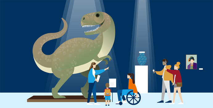 Mehrere Personen mit und ohne Behinderung schauen sich in einem Museum u.a. einen Dinosaurier an