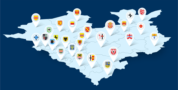 Westfalenkarte mit den Wappen der Kreise und Städte