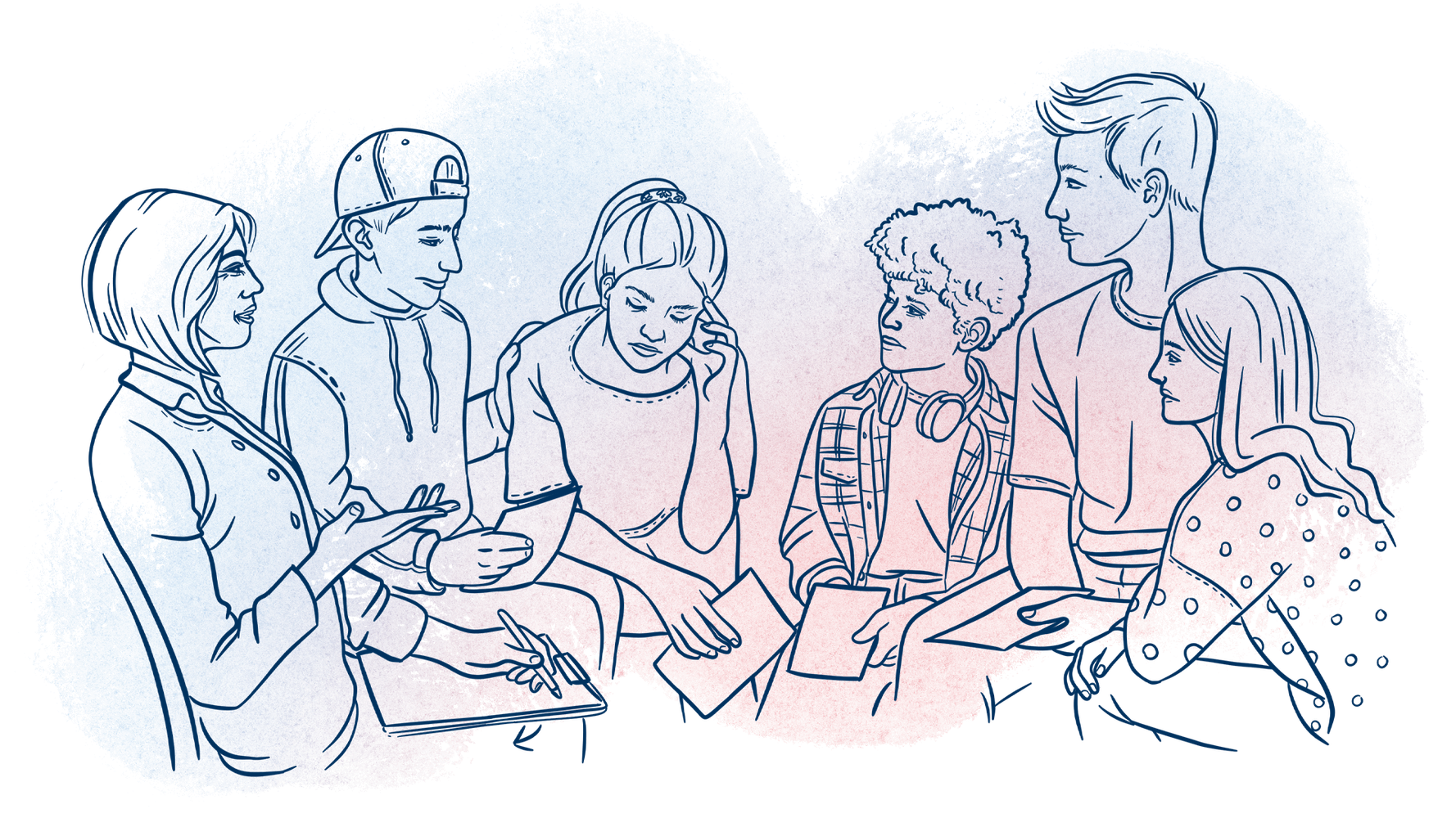 Illustration einer Gruppe aus fünf jungen Menschen und einer Therapeutin in einem Halbkreis