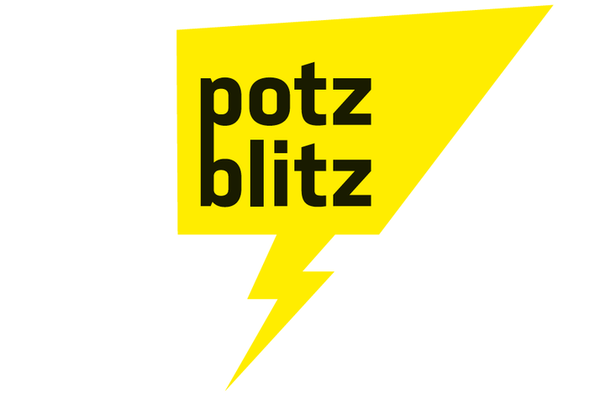 Das vorläufige Logo der Ausstellung mit Sprechblase in Blitzform und der Aufschrift "Potzblitz"