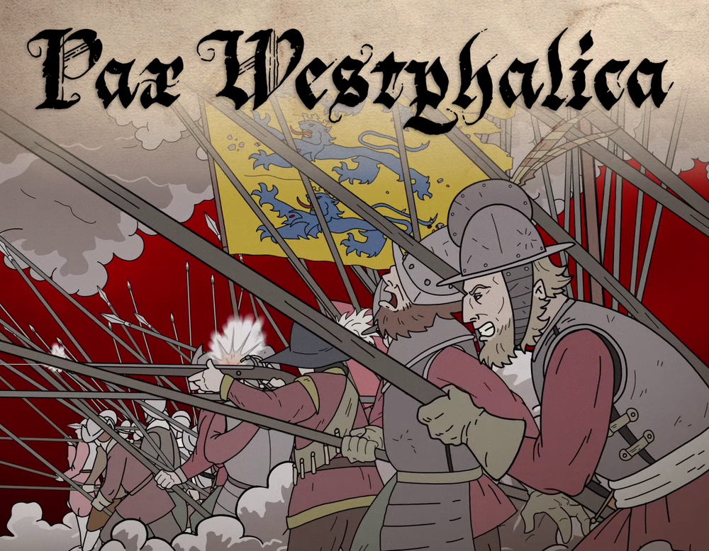 Comic-Darstellung kämpfender Soldaten in Eisenrüstung, darüber der Schriftzug "Pax Westphalica"