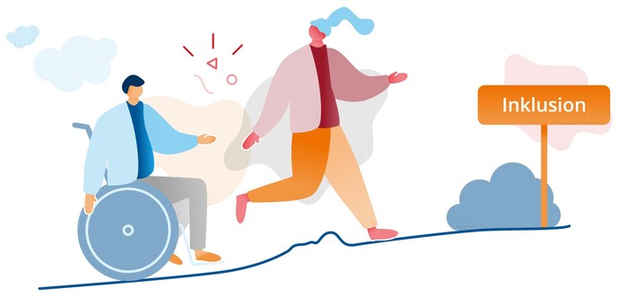 Illustration einer Fußgängerin und eines Rollstuhlfahrers, die auf dem Weg in Richtung "Inklusion" auf Barrieren stoßen.