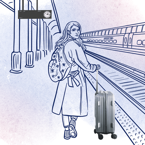 Illustration: junge Frau mit Koffer am Bahnhof