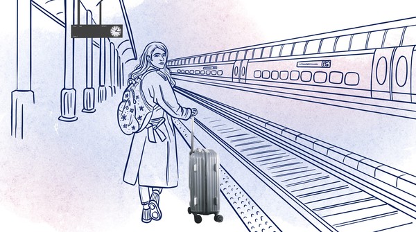 Illustration: Eine junge Frau im Mantel steht mit Rucksack und Koffer am Bahnhof