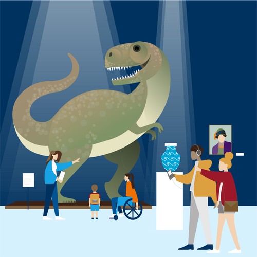 An illustration showing a hand full of people in a muesum, looking at an artificial dinosaur.